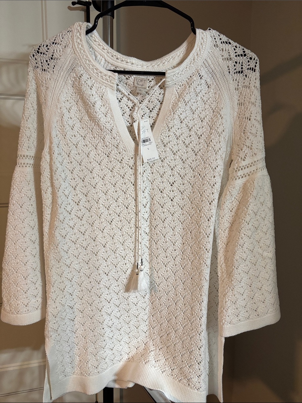 LOFT Cream Crochet Knit Swim Coverup with Tassel Tie